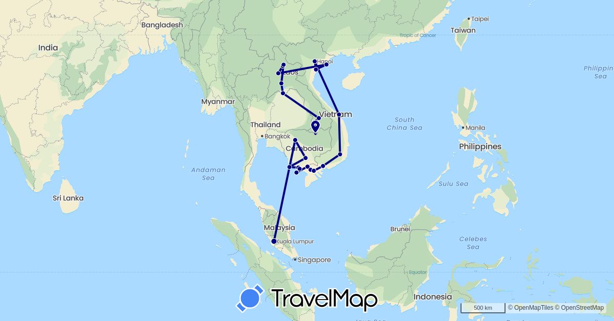TravelMap itinerary: driving in Cambodia, Laos, Malaysia, Vietnam (Asia)