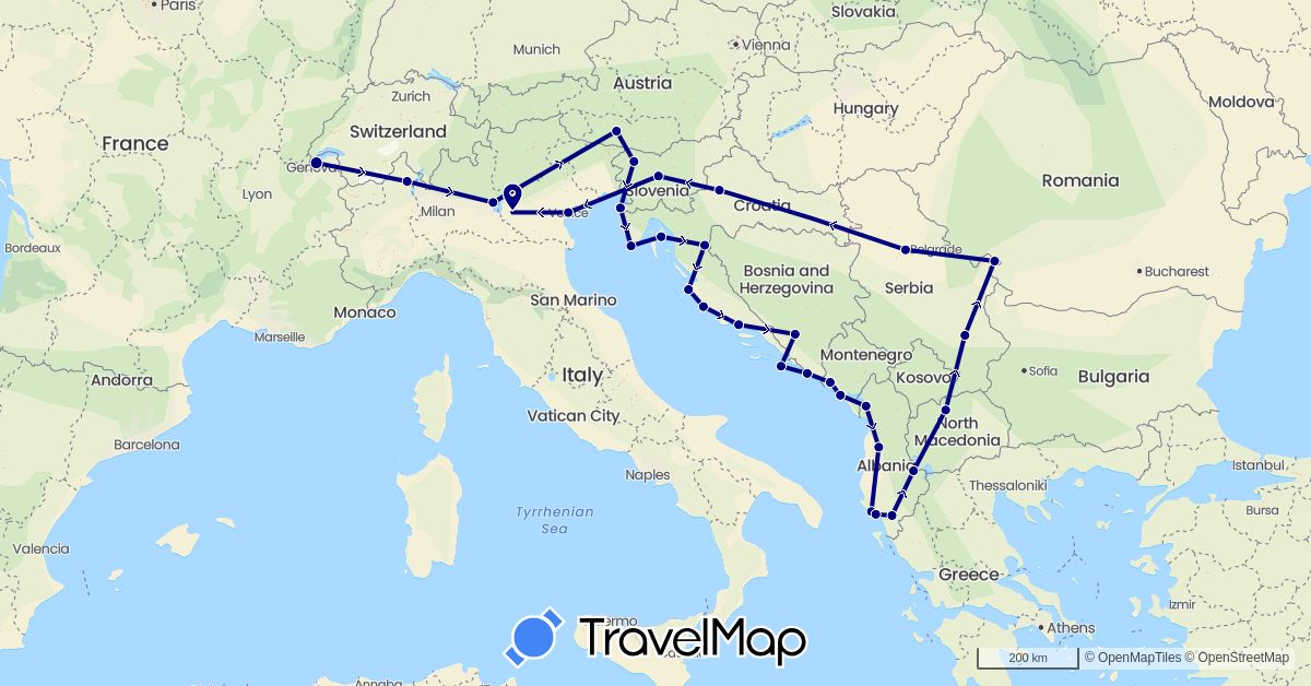 TravelMap itinerary: driving in Albania, Austria, Bosnia and Herzegovina, France, Croatia, Italy, Montenegro, Macedonia, Serbia, Slovenia (Europe)