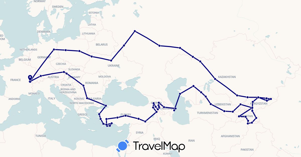 TravelMap itinerary: driving in Afghanistan, Armenia, Austria, Azerbaijan, Bulgaria, Switzerland, Germany, France, Georgia, Hungary, Kyrgyzstan, Kazakhstan, Poland, Romania, Russia, Tajikistan, Turkey, Ukraine, Uzbekistan (Asia, Europe)